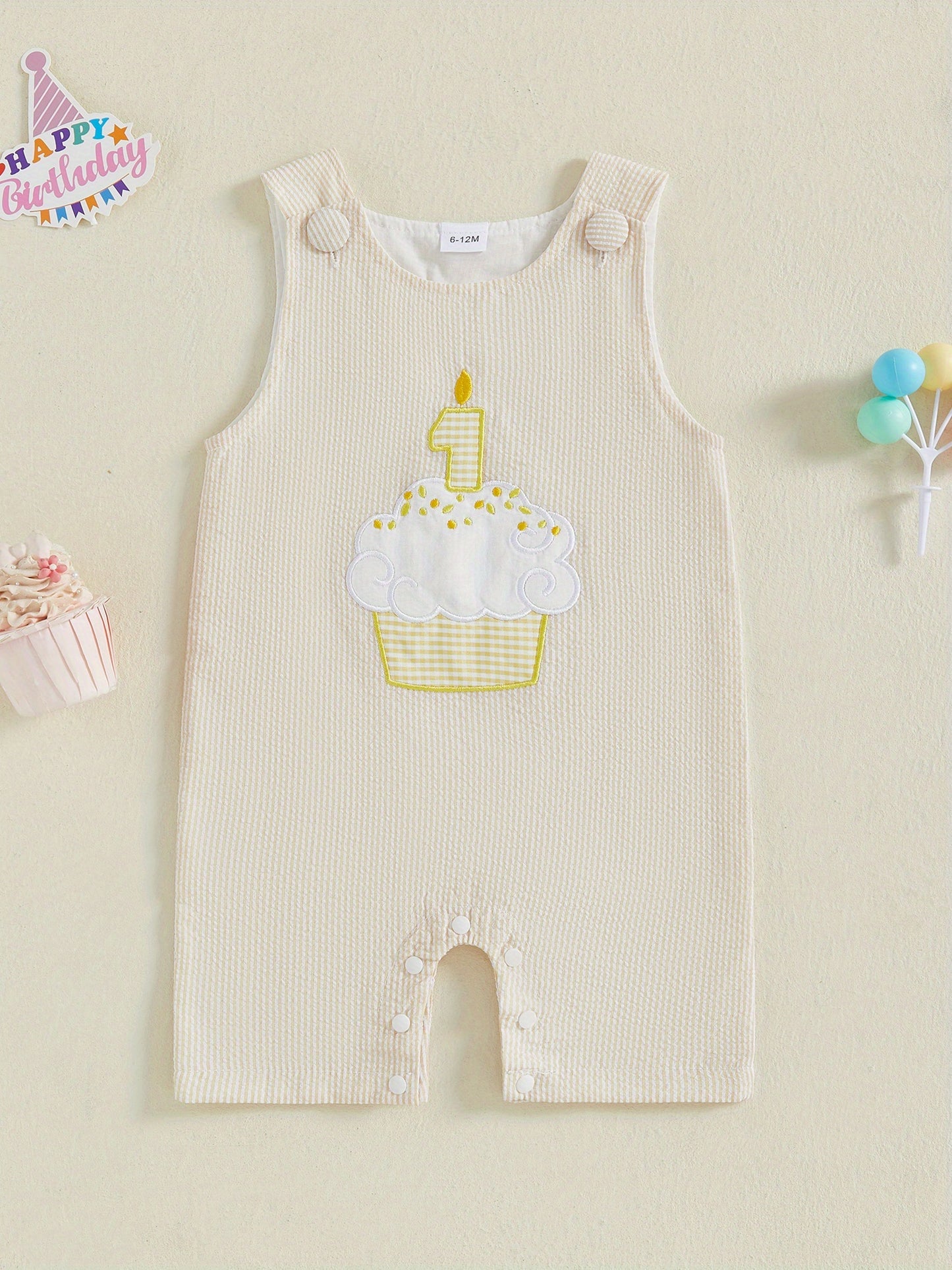 Baby Boys Rompers Birthday Clothes Cake Embroidery Stripe Summer Sleeveless Overalls Bodysuits Jumpsuits for Outdoor