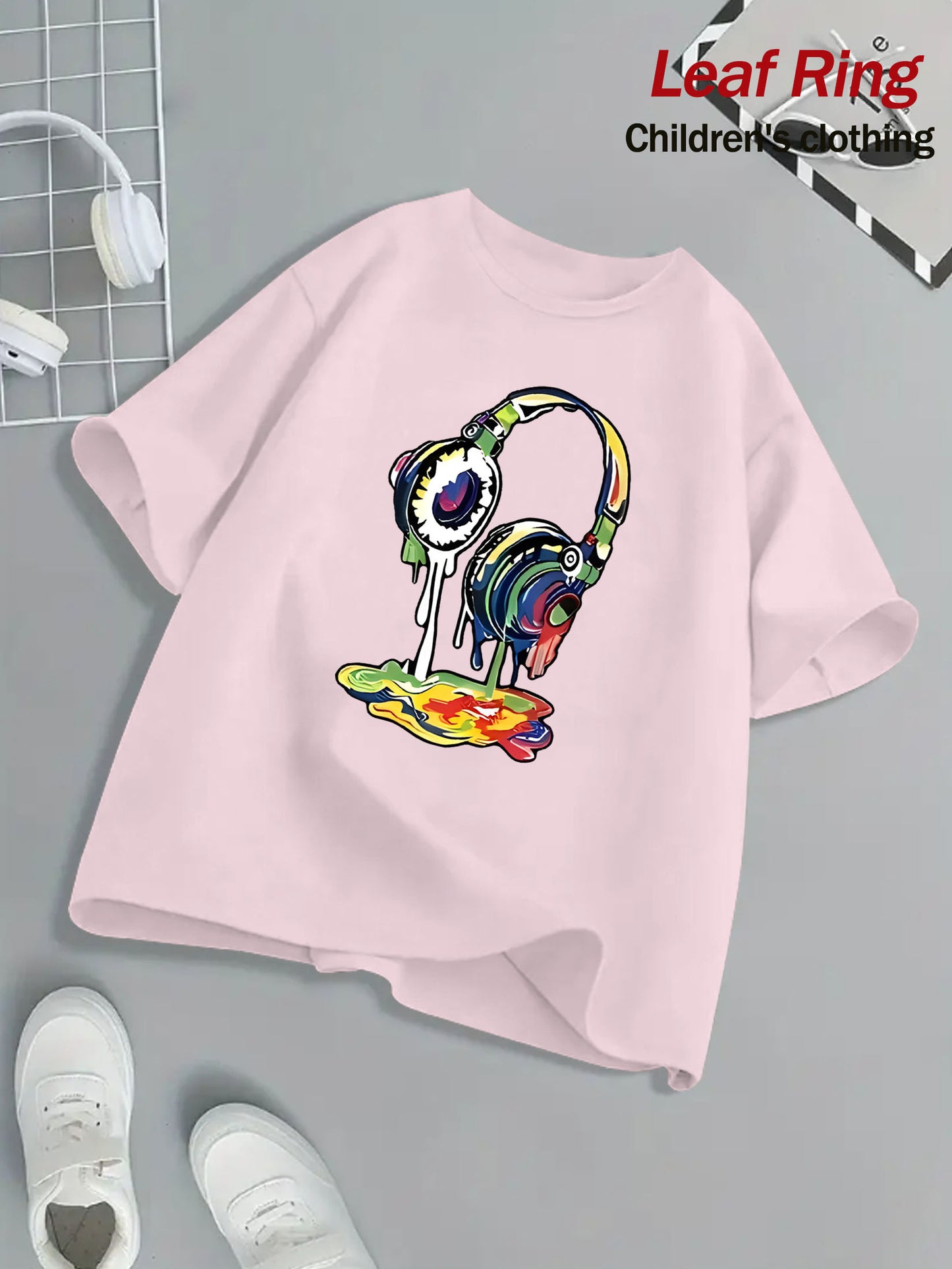 Kids Headphone Paint Print T-Shirt Vibrant Street Art Graphic Tee 10 Color Options 100 Percent Cotton Loose Fit Short Sleeve Summer Casual Wear for Boys and Girls Machine Washable Festive Children's Clothing Trendy Youth Fashion