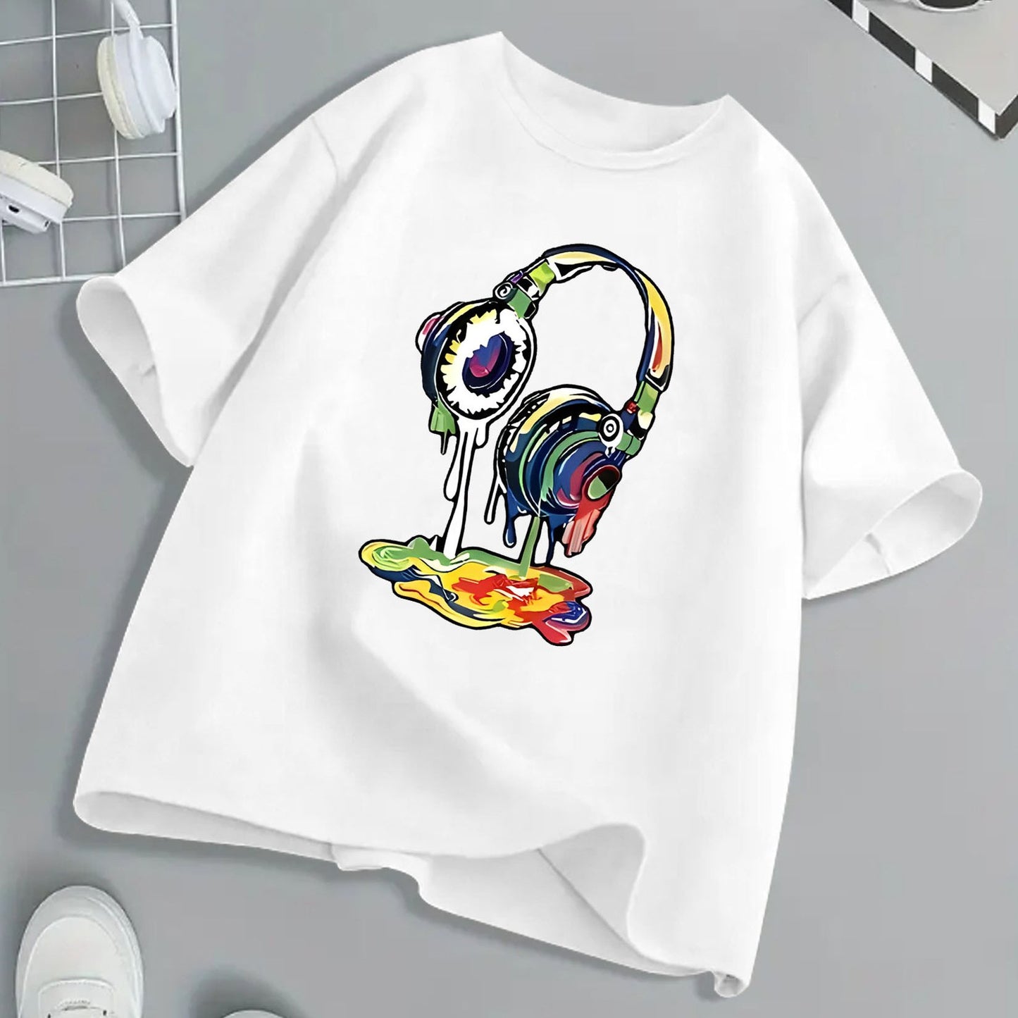 Kids Headphone Paint Print T-Shirt Vibrant Street Art Graphic Tee 10 Color Options 100 Percent Cotton Loose Fit Short Sleeve Summer Casual Wear for Boys and Girls Machine Washable Festive Children's Clothing Trendy Youth Fashion