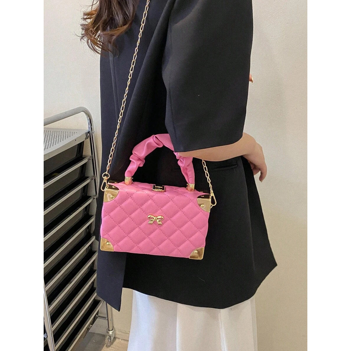 Quilted Cloud-Shaped Mini Box Bag with Bow Detail