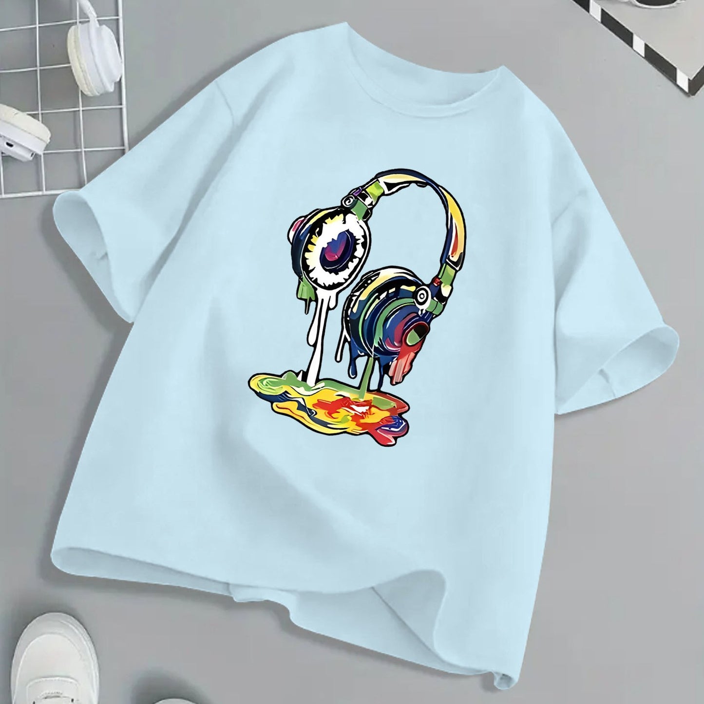 Kids Headphone Paint Print T-Shirt Vibrant Street Art Graphic Tee 10 Color Options 100 Percent Cotton Loose Fit Short Sleeve Summer Casual Wear for Boys and Girls Machine Washable Festive Children's Clothing Trendy Youth Fashion