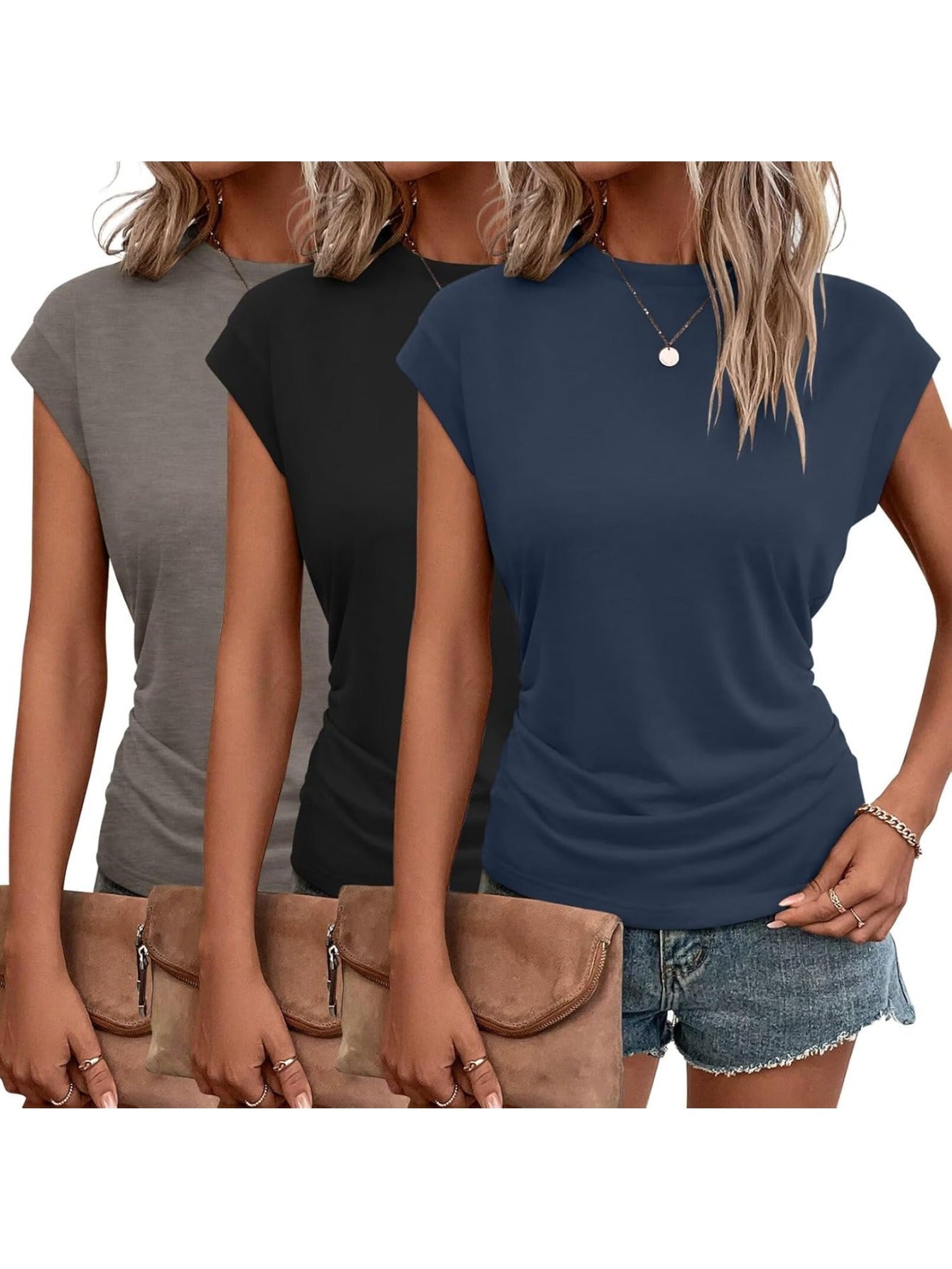 3-Pack Women's Cap Sleeve Crewneck T-Shirts for Versatile Style