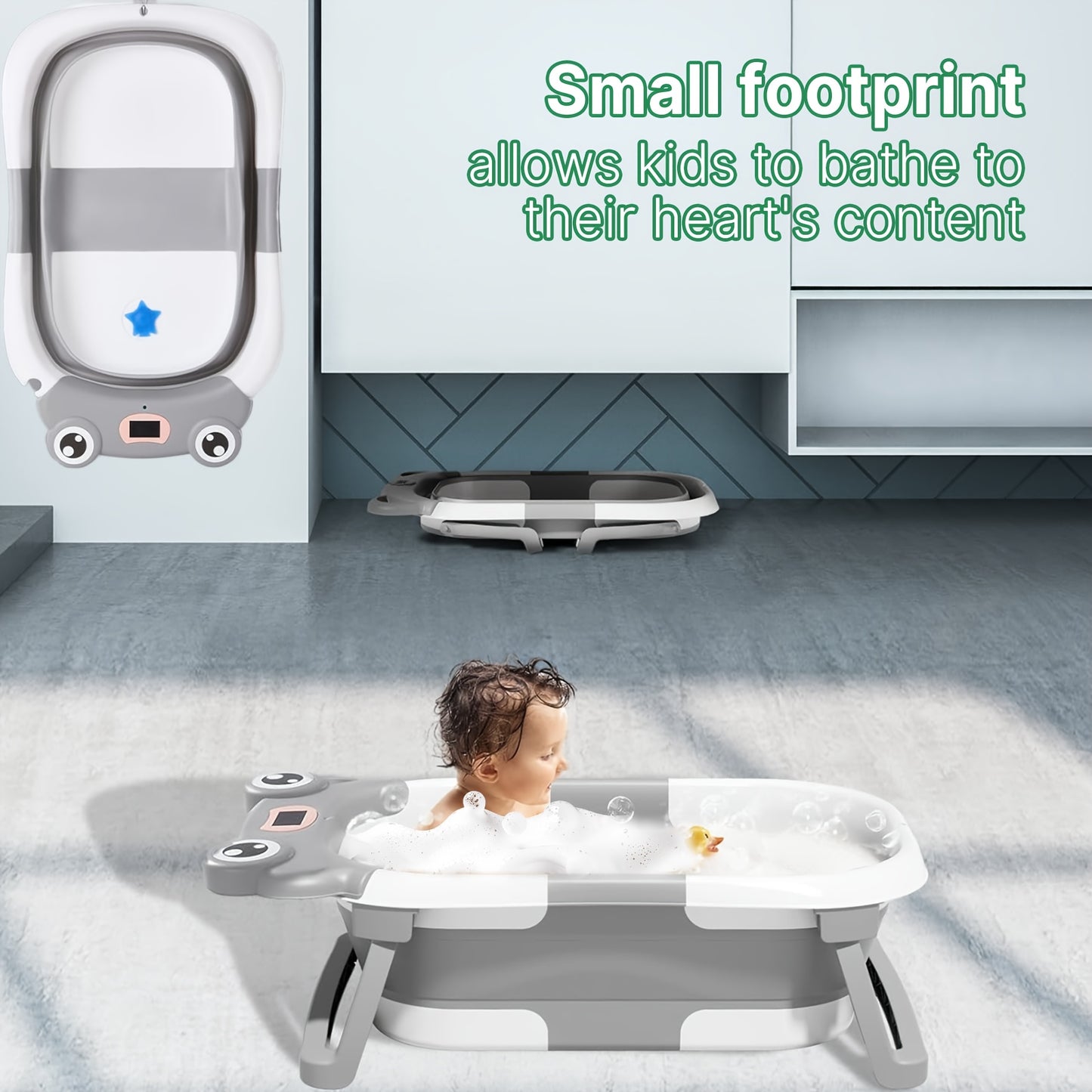 Foldable Bathtub for Youngsters with Soft Cushion and Thermometer