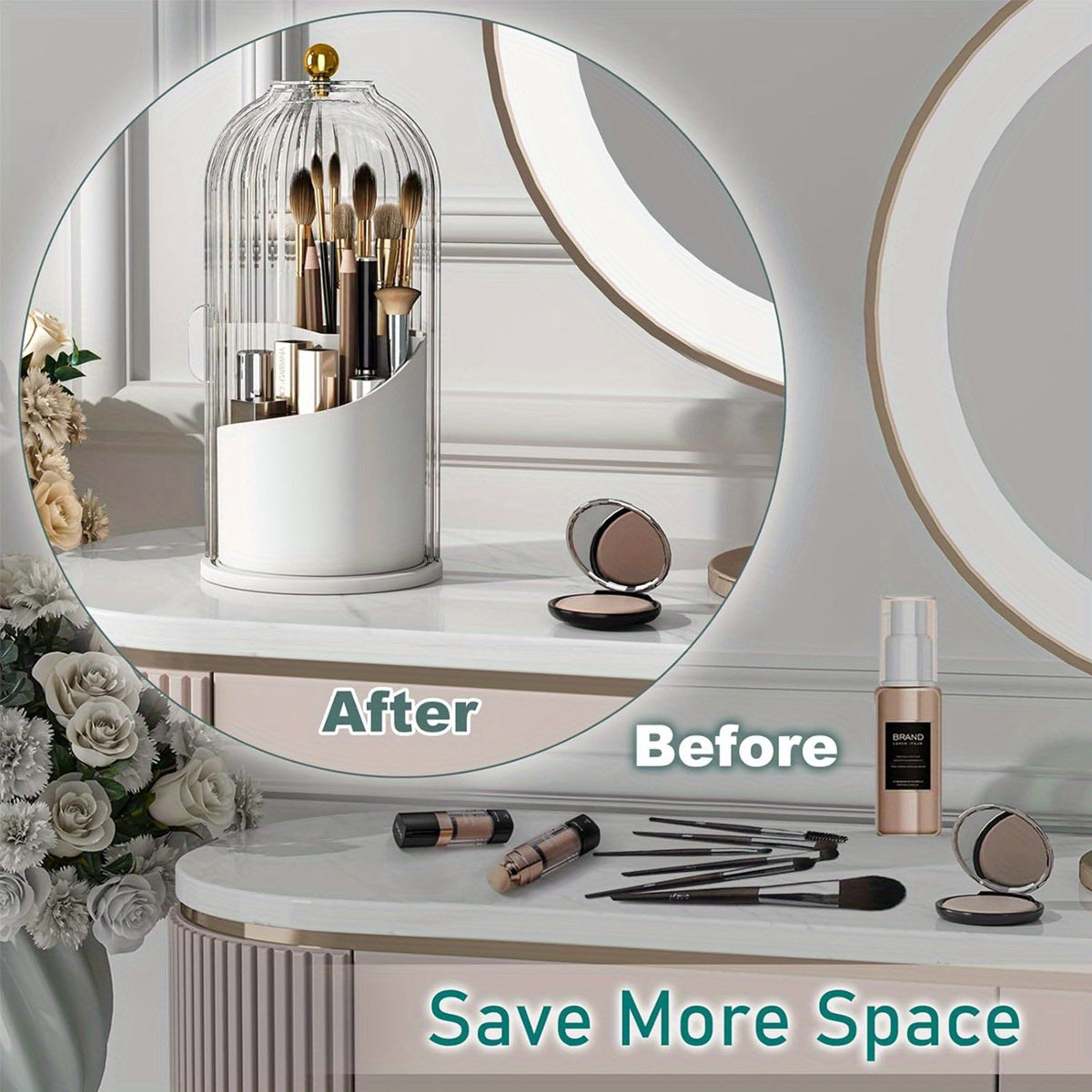 Rotating Makeup Brush Holder with Lid for Organized Vanity