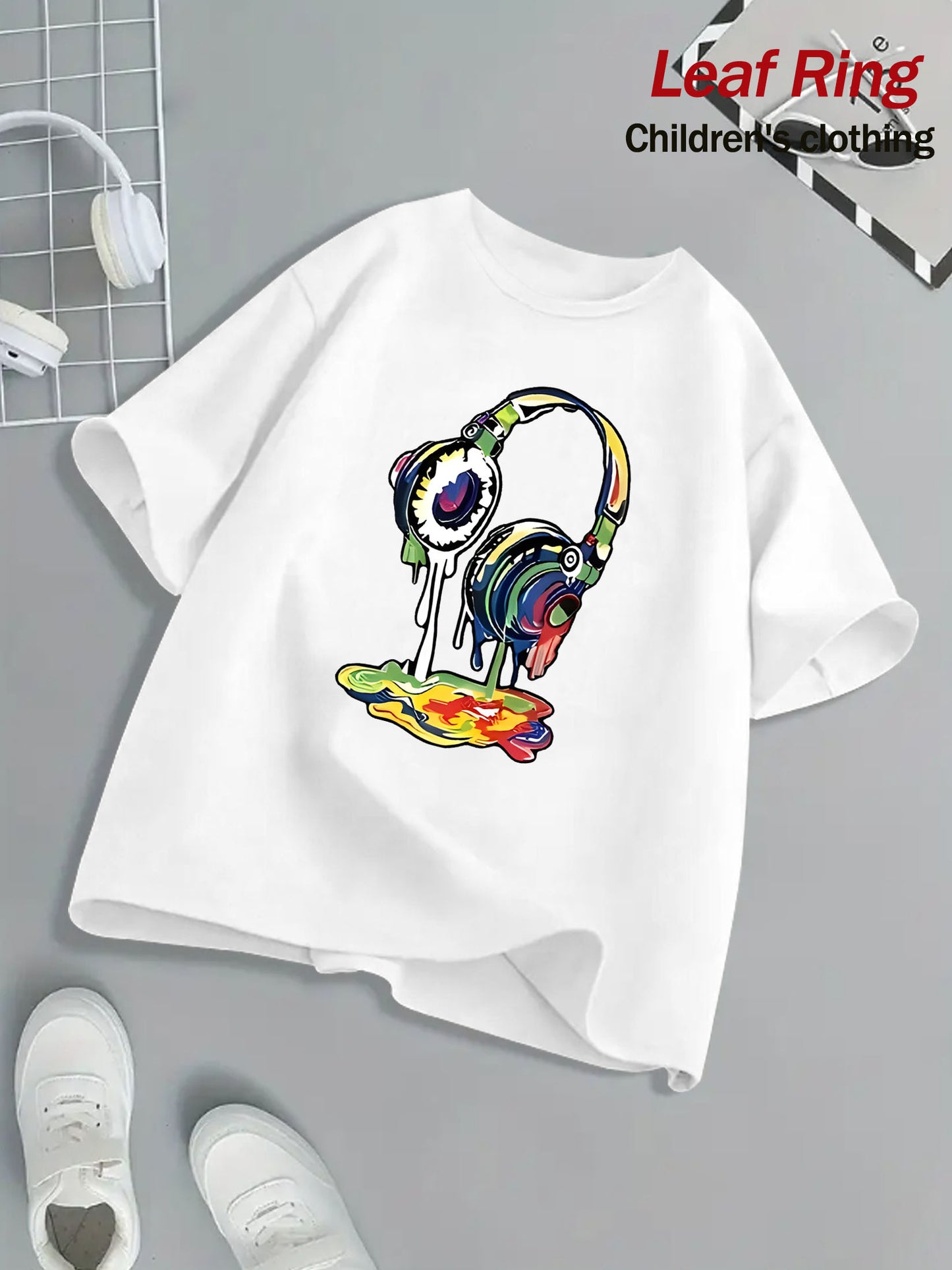 Kids Headphone Paint Print T-Shirt Vibrant Street Art Graphic Tee 10 Color Options 100 Percent Cotton Loose Fit Short Sleeve Summer Casual Wear for Boys and Girls Machine Washable Festive Children's Clothing Trendy Youth Fashion