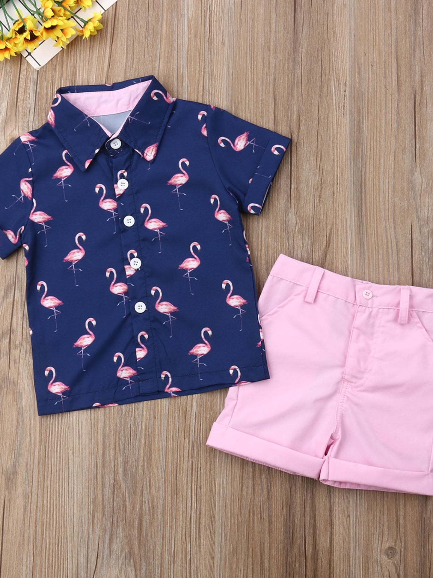 Youngsters Boys Summer Flamingo Print Shirt and Solid Shorts Clothes Set for Outdoor Fun