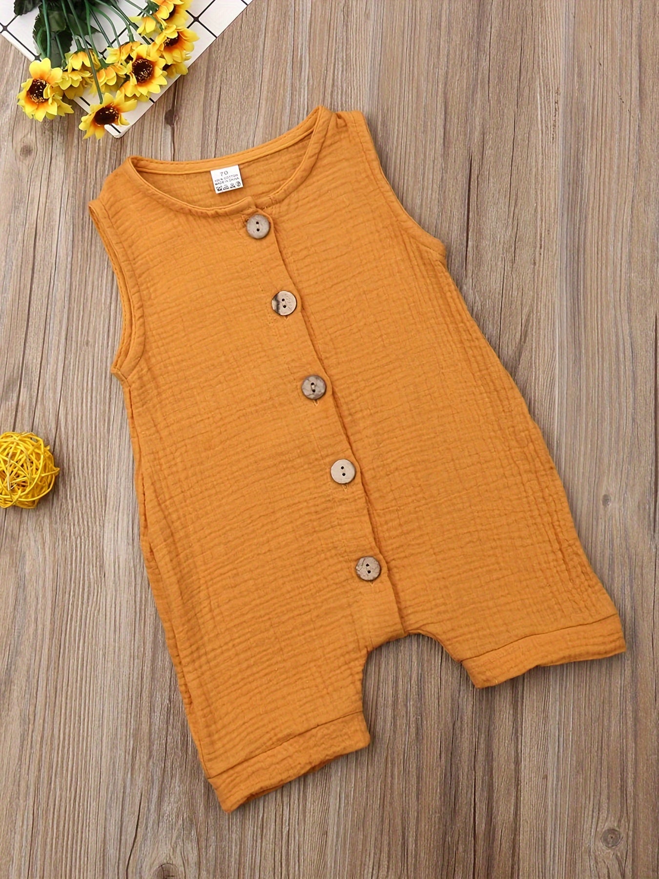 Newborn Baby Boy Sleeveless Solid Color Jumpsuit Crew Neck Button Romper Playsuit Summer Outdoor Clothes