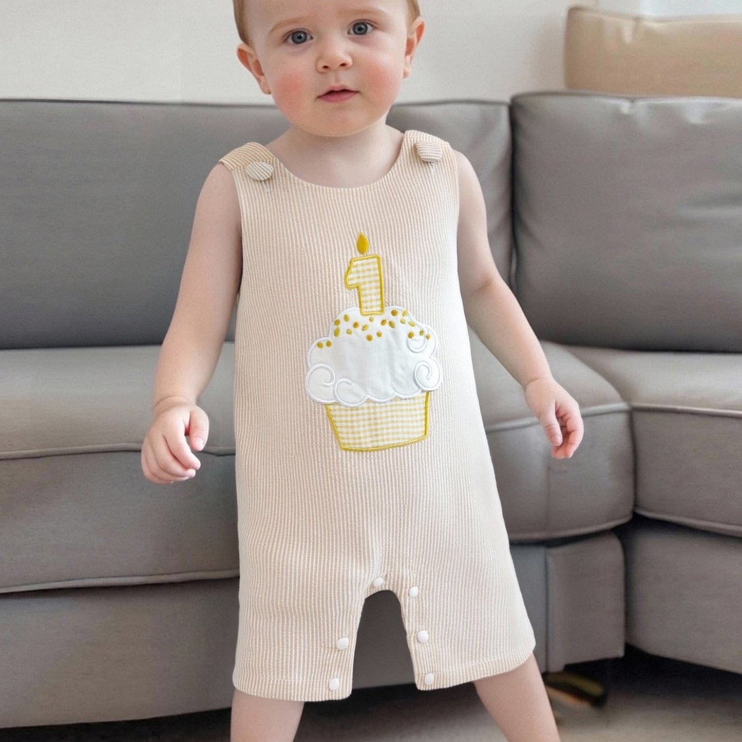 Baby Boys Rompers Birthday Clothes Cake Embroidery Stripe Summer Sleeveless Overalls Bodysuits Jumpsuits for Outdoor