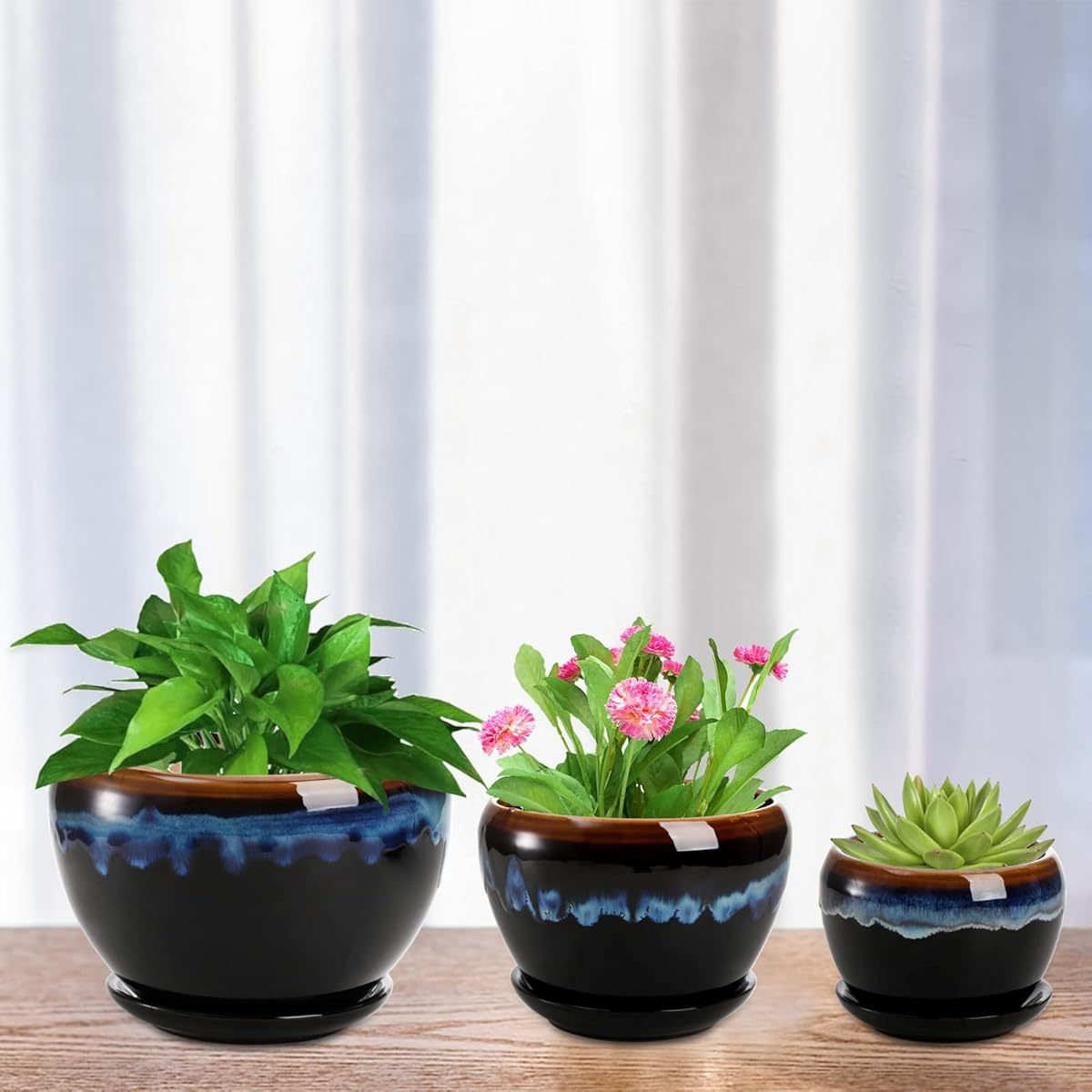 3 Pack Rustic Ceramic Flower Pots with Drip Glaze Finish Round Irregular Planters with Drainage Holes and Saucers Rust Resistant Indoor Outdoor Pots for Succulents Herbs Cactus Orchids Home and Office Decor Extra Large