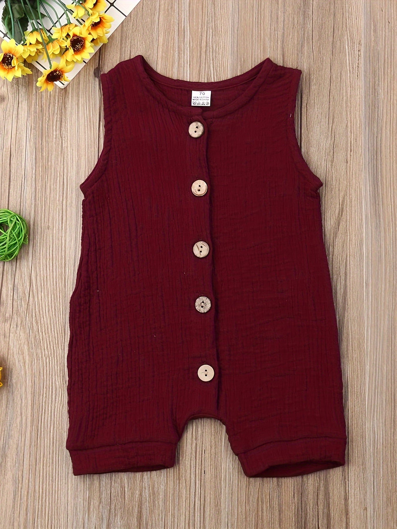 Newborn Baby Boy Sleeveless Solid Color Jumpsuit Crew Neck Button Romper Playsuit Summer Outdoor Clothes