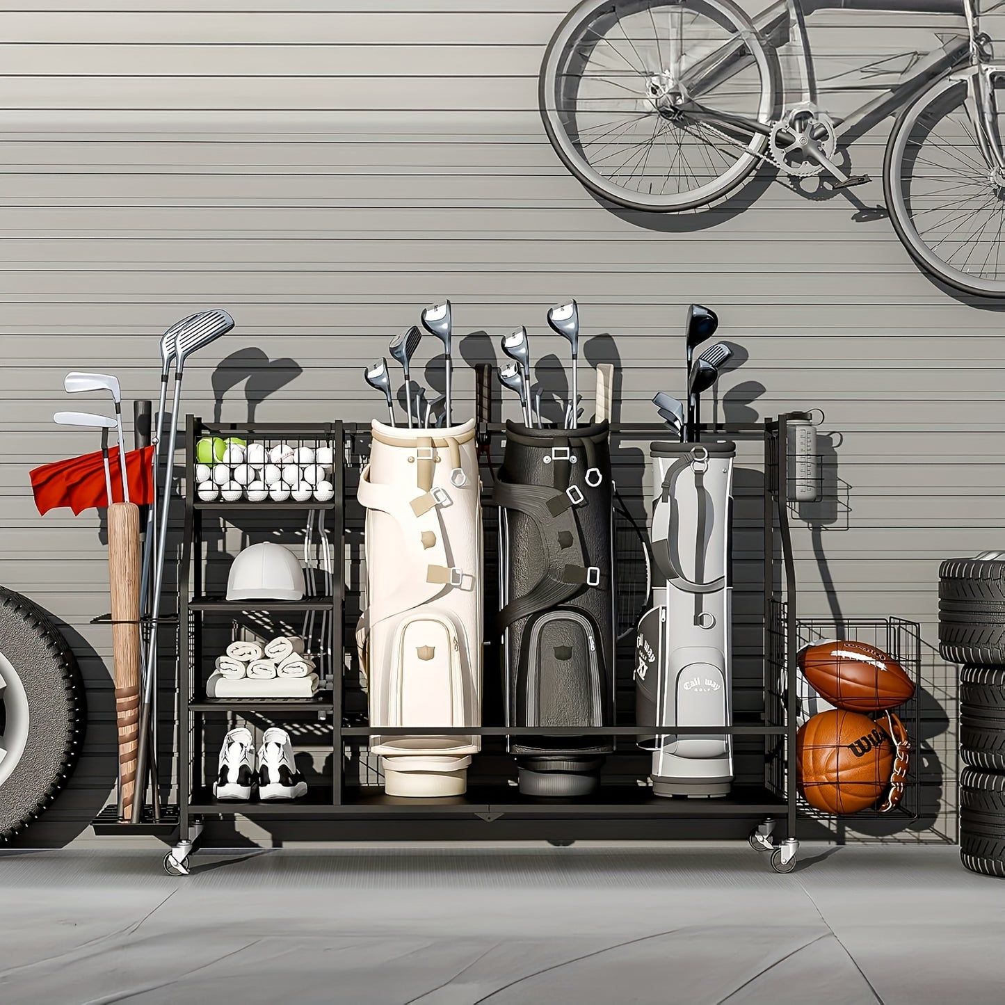 Golf Equipment Organizer With Wheels For Home And Garage