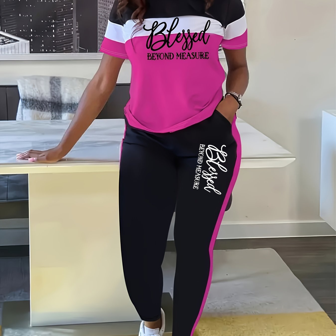 Casual Plus Size Two-Piece Round Neck T-Shirt and Pants Set
