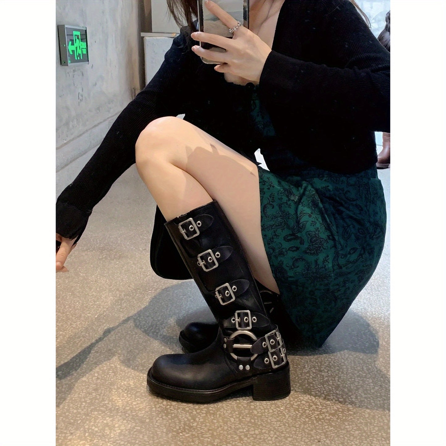 Women's Knee-High Cowboy Boots with Cushioned Insole and Buckles
