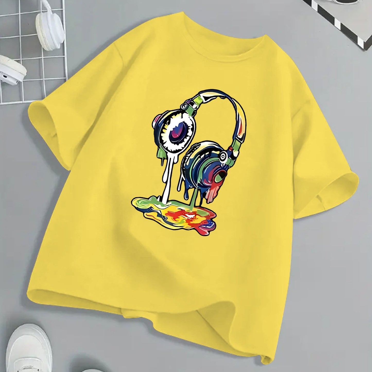 Kids Headphone Paint Print T-Shirt Vibrant Street Art Graphic Tee 10 Color Options 100 Percent Cotton Loose Fit Short Sleeve Summer Casual Wear for Boys and Girls Machine Washable Festive Children's Clothing Trendy Youth Fashion