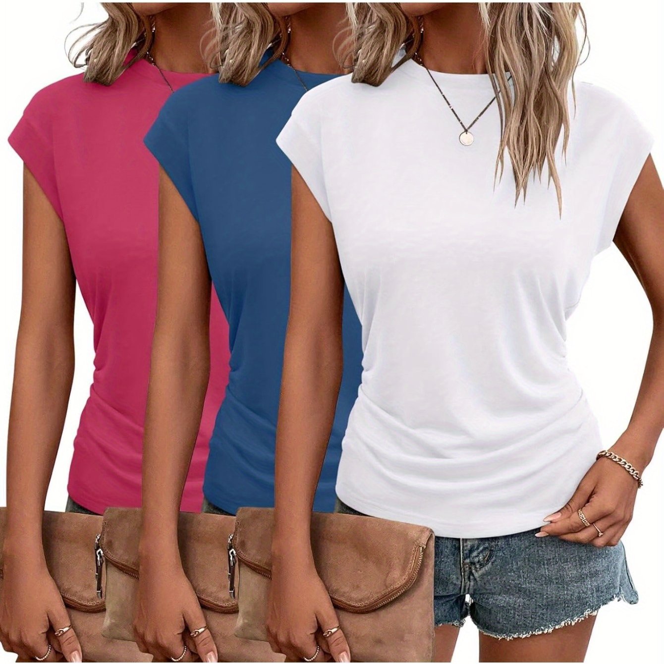 3-Pack Women's Cap Sleeve Crewneck T-Shirts for Versatile Style