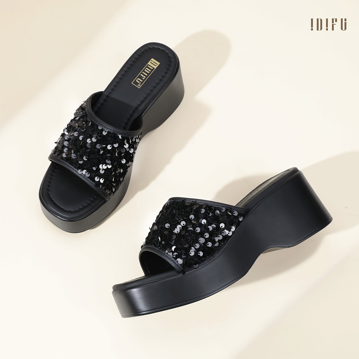 IN3 Platform Wedge Sandals for Women Sparkly Low Chunky Slides Summer Beach Cute Comfortable Slip On Wedges Square Open Toe Trendy Small Dressy Womens Sandals