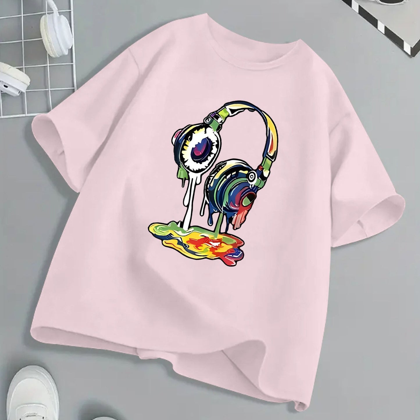 Kids Headphone Paint Print T-Shirt Vibrant Street Art Graphic Tee 10 Color Options 100 Percent Cotton Loose Fit Short Sleeve Summer Casual Wear for Boys and Girls Machine Washable Festive Children's Clothing Trendy Youth Fashion
