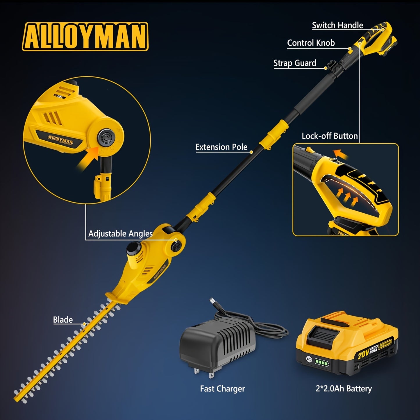 Alloyman 20V Pole Hedge Trimmer with Batteries and Charger