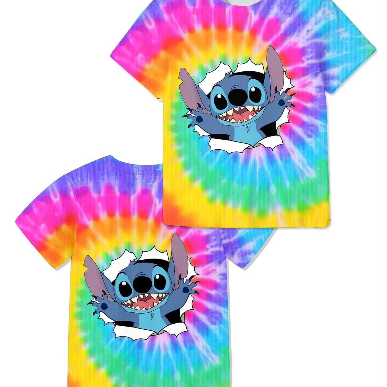Lilo And Stitch Boys Smiling Character Tie Dye T Shirt Vibrant Blue And Yellow Cartoon Graphic 100 Percent Polyester Regular Fit Short Sleeve Machine Washable For Spring Summer Fall Casual Wear Shirts
