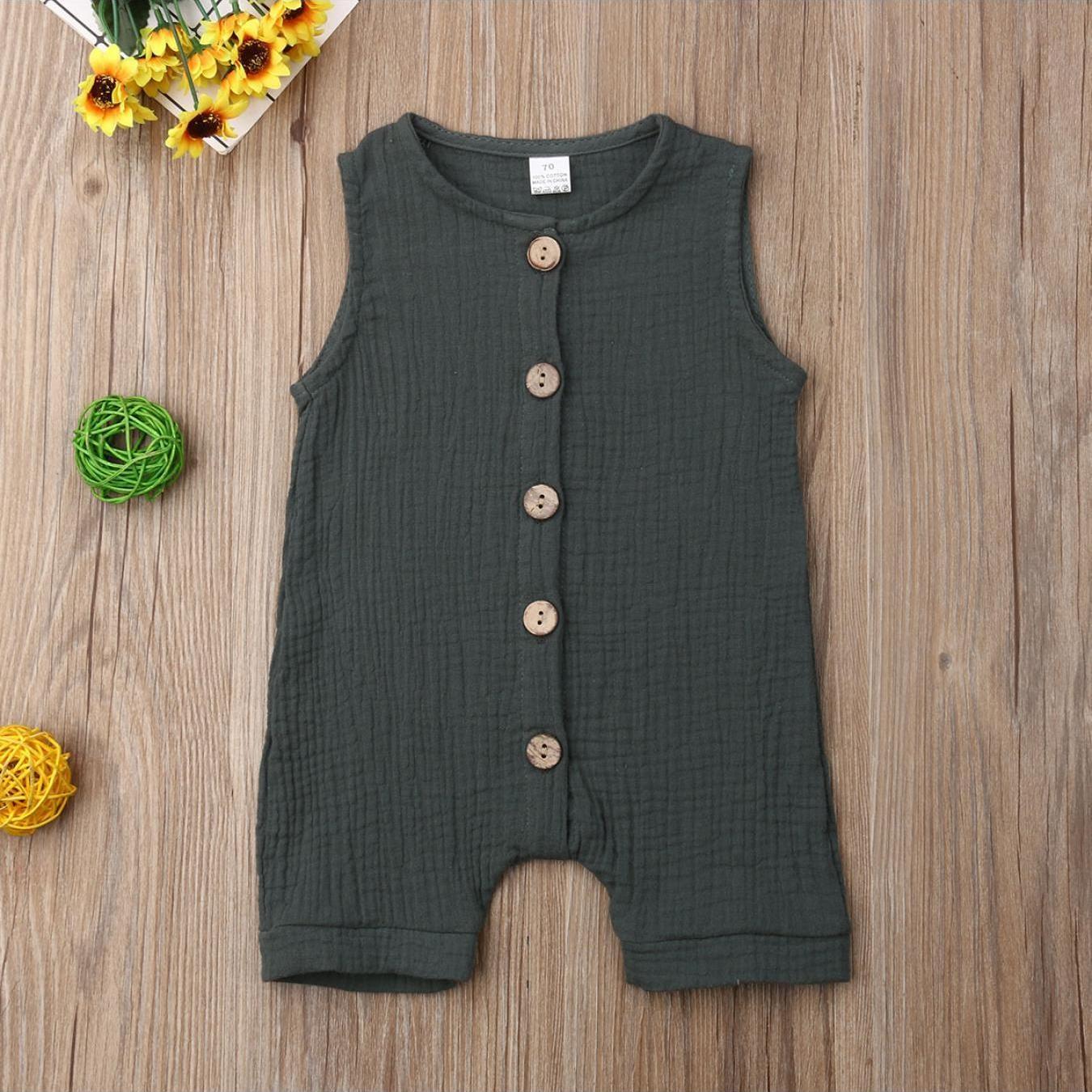 Newborn Baby Boy Sleeveless Solid Color Jumpsuit Crew Neck Button Romper Playsuit Summer Outdoor Clothes