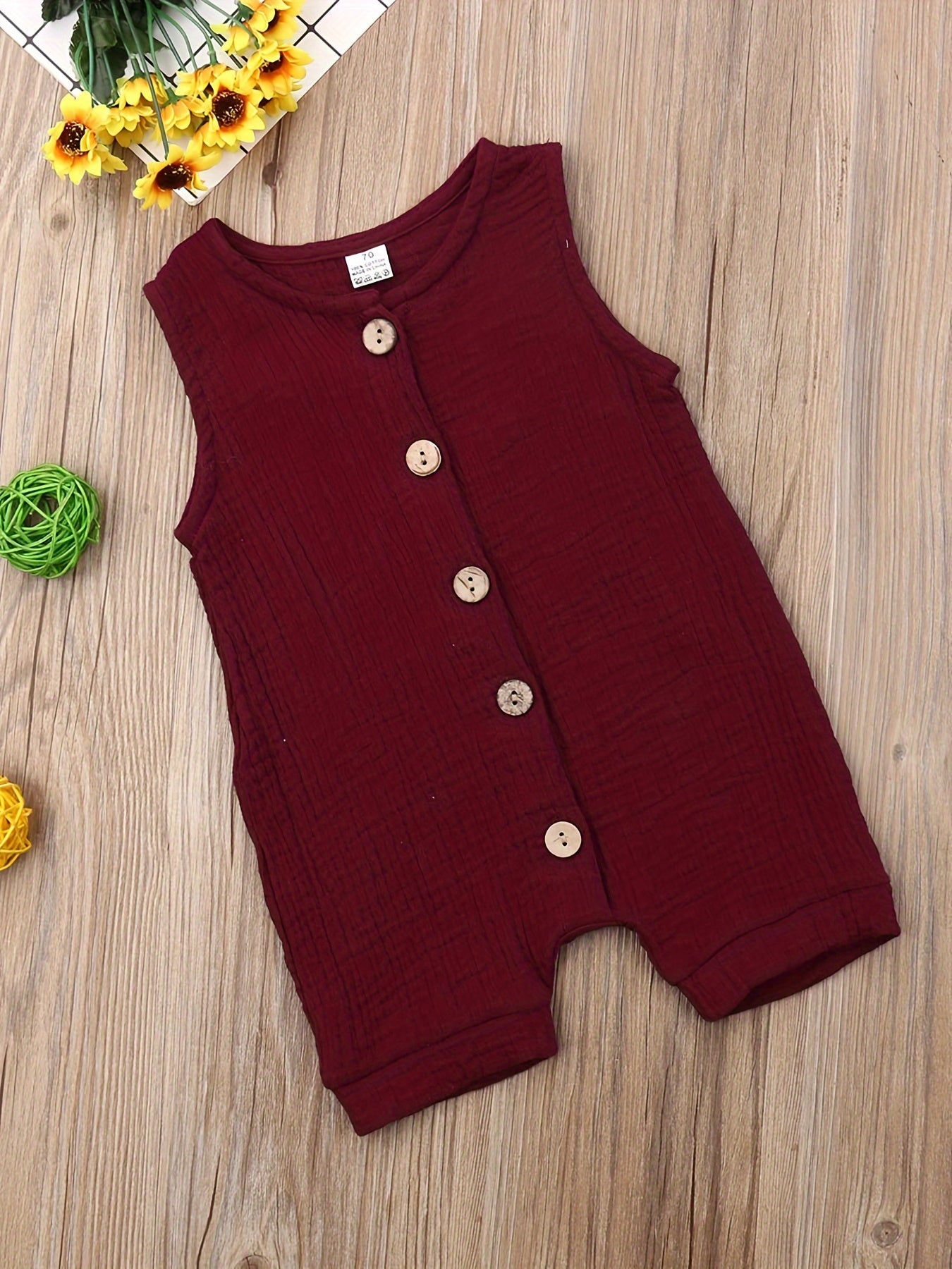 Newborn Baby Boy Sleeveless Solid Color Jumpsuit Crew Neck Button Romper Playsuit Summer Outdoor Clothes
