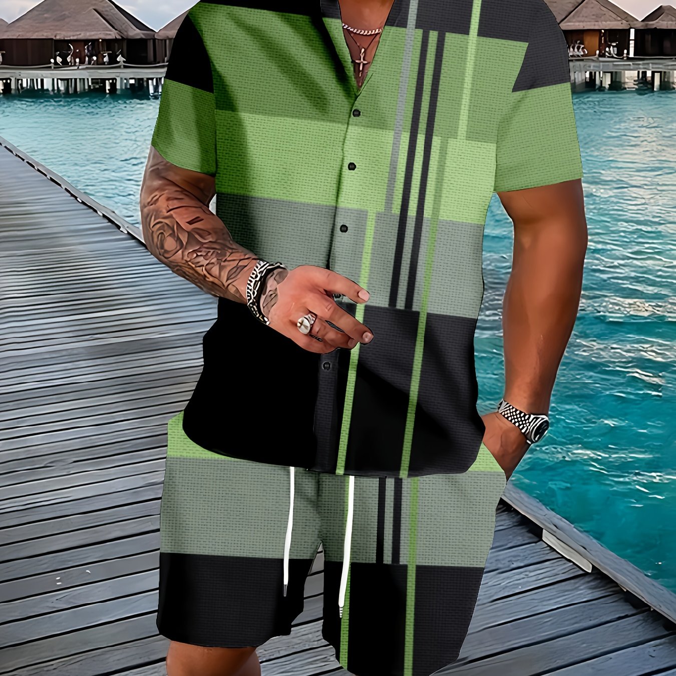 Men's Graphic Plaid Shirt Set for Casual Outdoor Style
