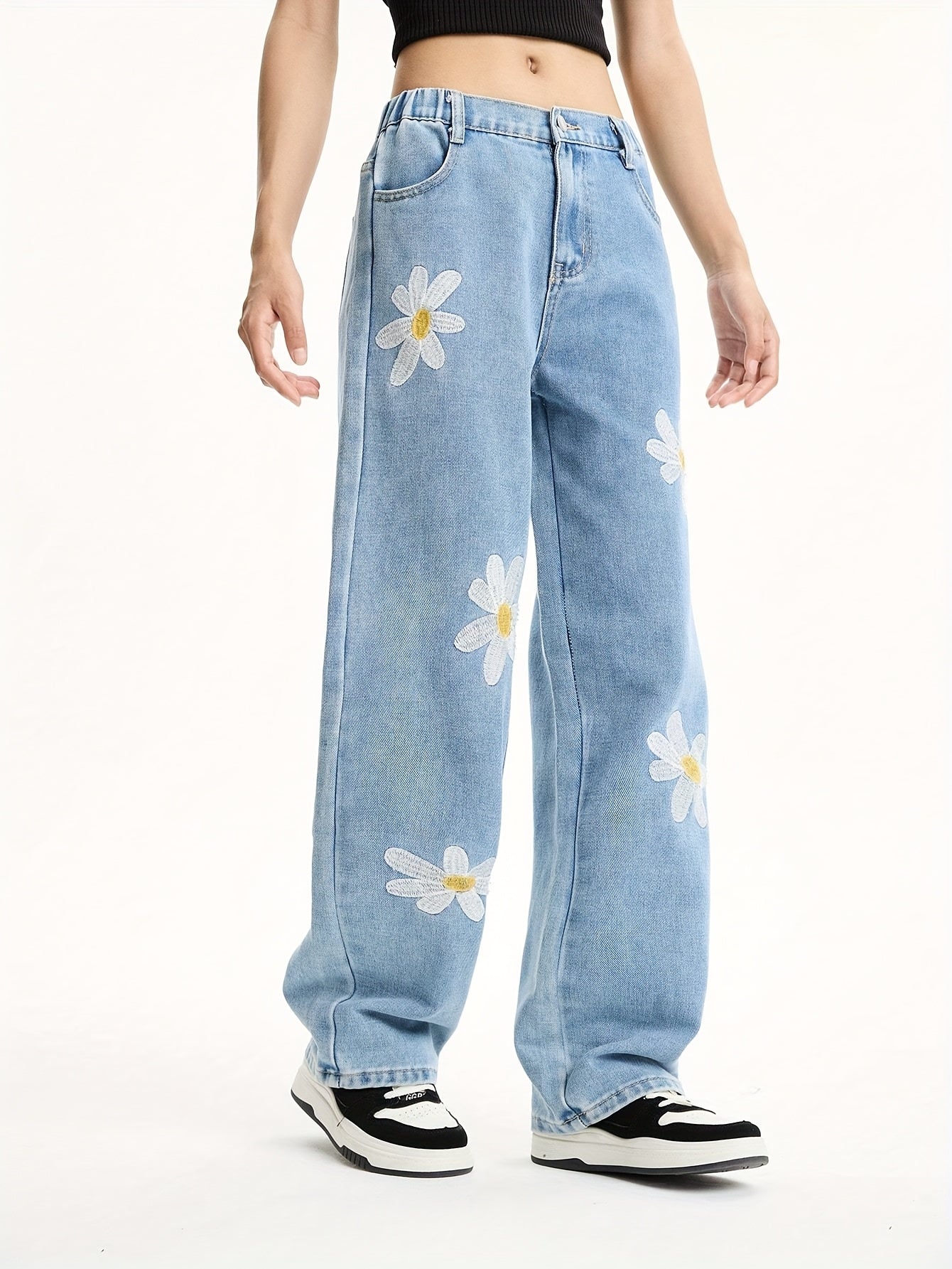 Teen Girls Vintage Loose Fit Floral Print Denim Casual Jeans