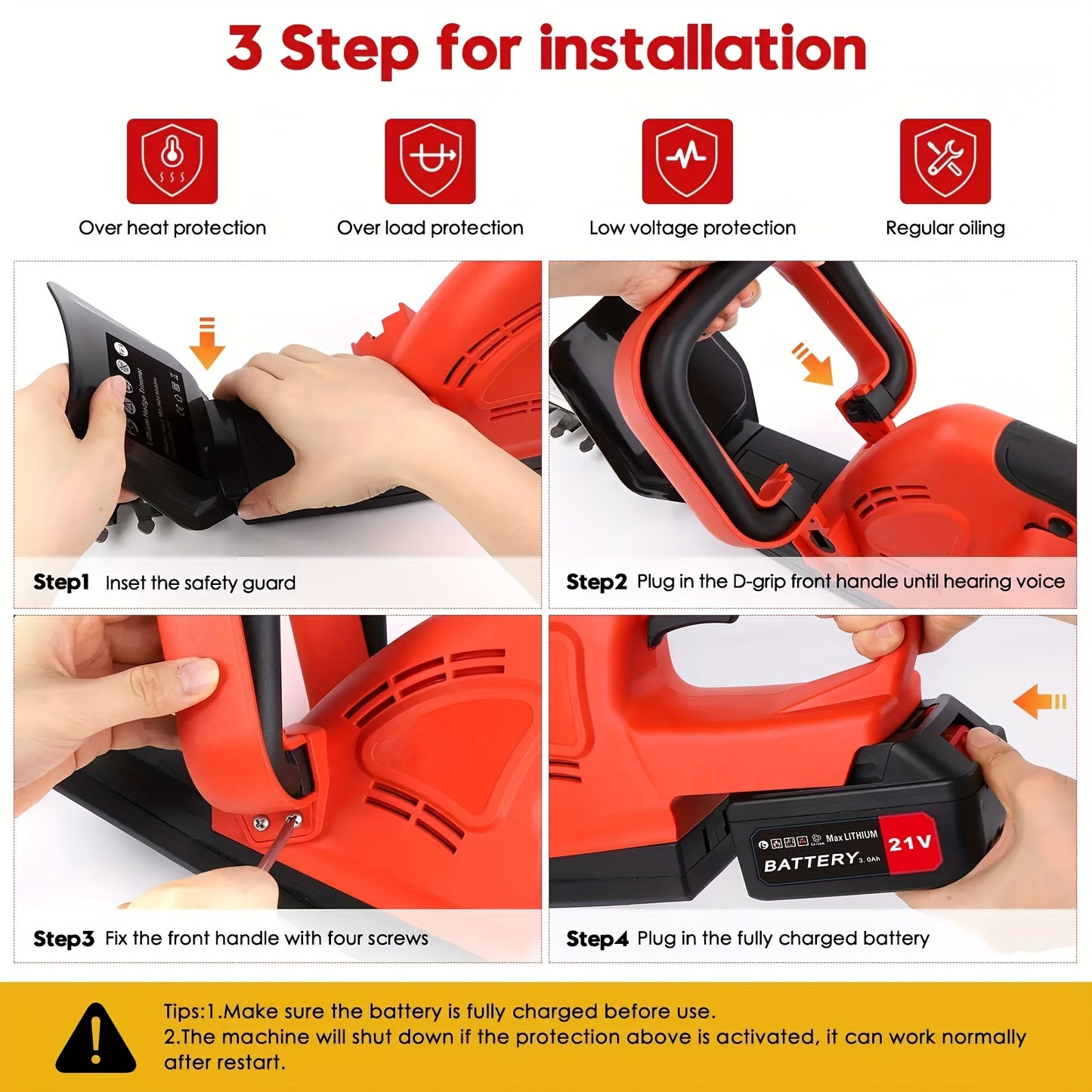 Cordless Hedge Trimmer with Dual-Action Carbon Steel Blade