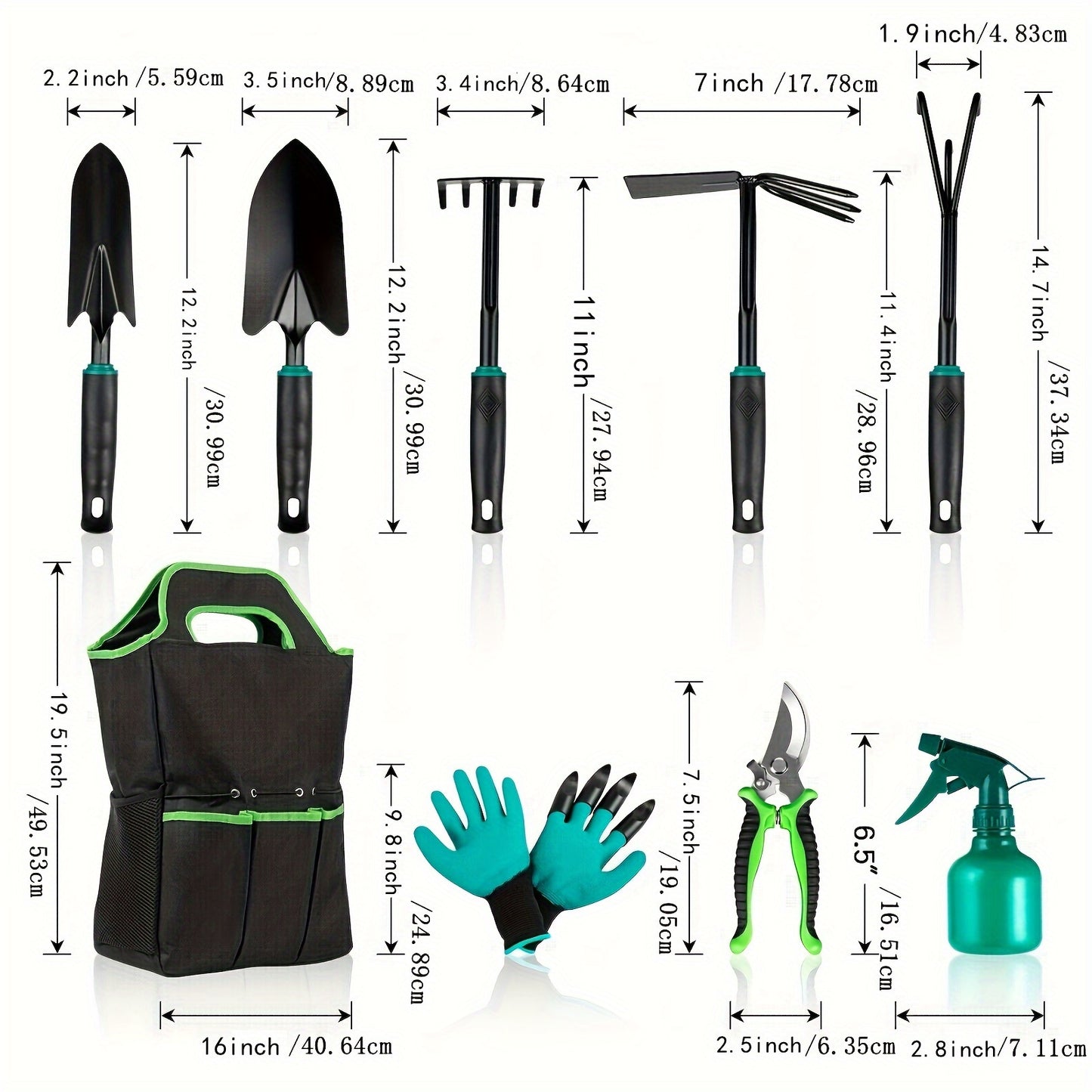 9 Piece Garden and Bonsai Care Tool Kit with Ergonomic Trowel 2 in 1 Hoe Rake Non Slip Shears Claw Gloves and Sprayer Bottle Durable Stainless Steel in Green and Black Perfect for Digging Weeding and Planting