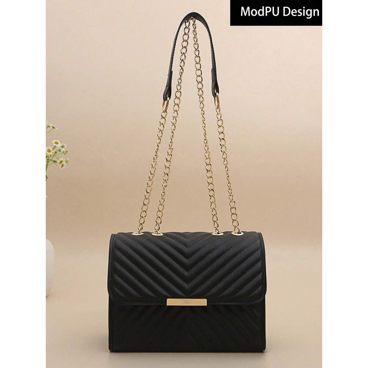 Women’s Quilted Crossbody Bag with Golden Clasp and Chain Strap