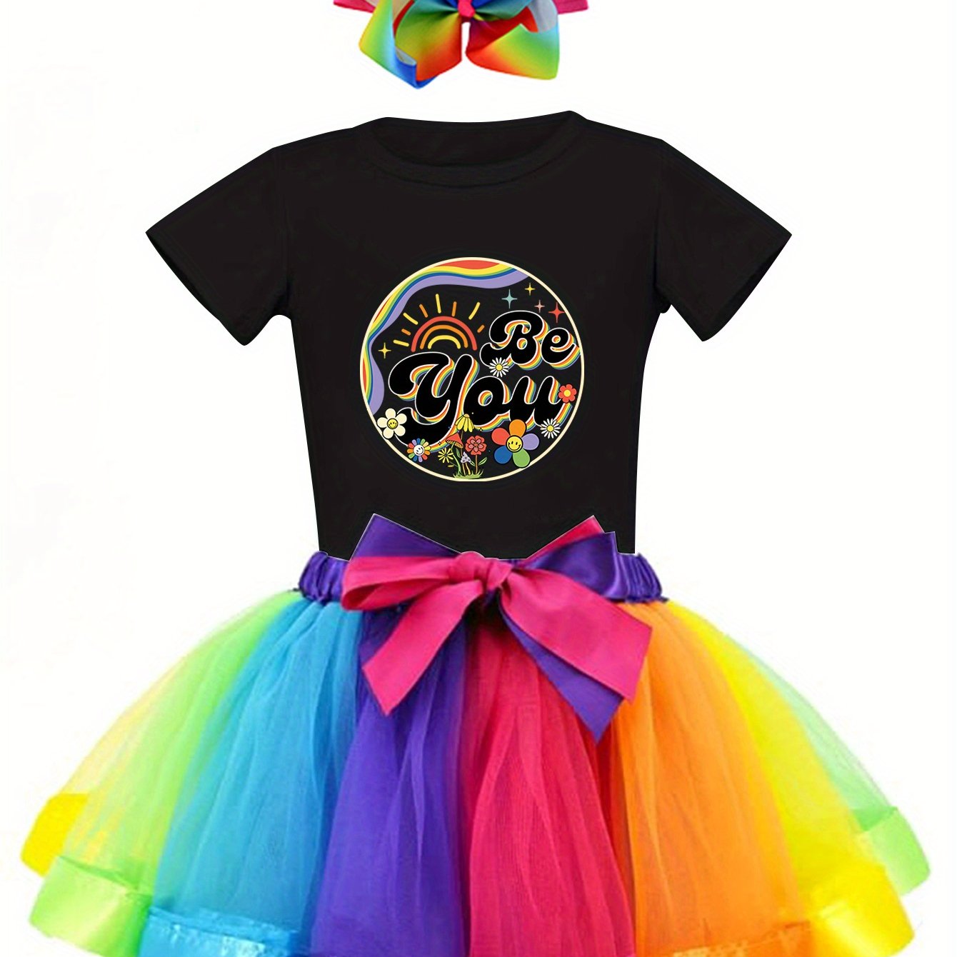 PUEMCO Girls 3pcs Rainbow Print Outfit Casual Crew Neck T-Shirt With Be You Graphic And Colorful Tutu Skirt Set Cotton Ideal For Outdoor Leisure And Home Wear