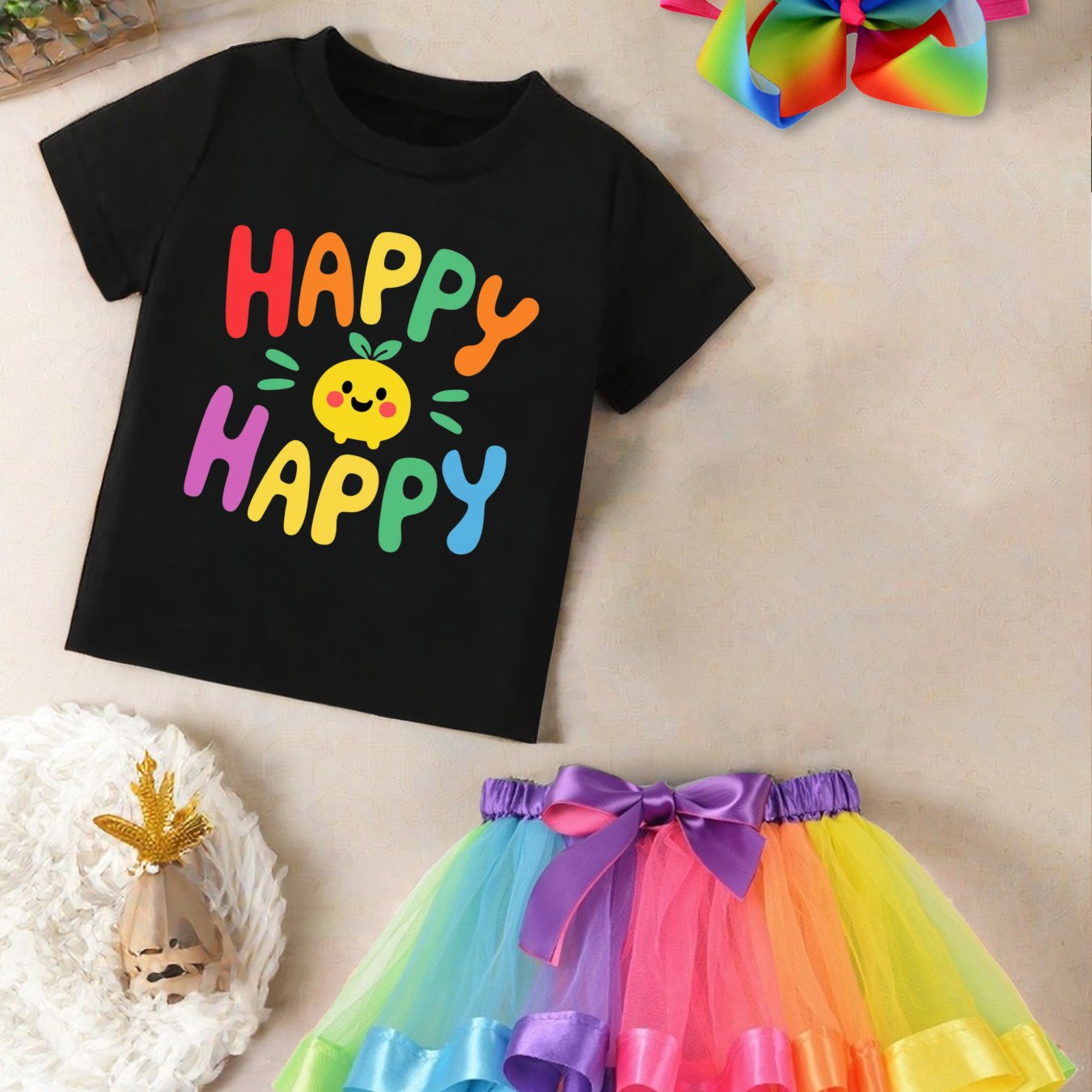 Girls Rainbow Tutu Skirt Set with Happy Happy T-Shirt and Bow Hair Clip Kids Outfit