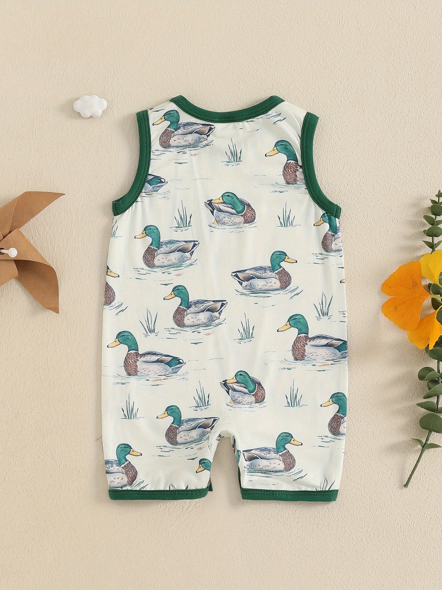 Baby Boy Duck Print Sleeveless Romper with Pocket Soft Polyester Blend Round Neck Light Blue with Green Trim Summer Bodysuit for Infants