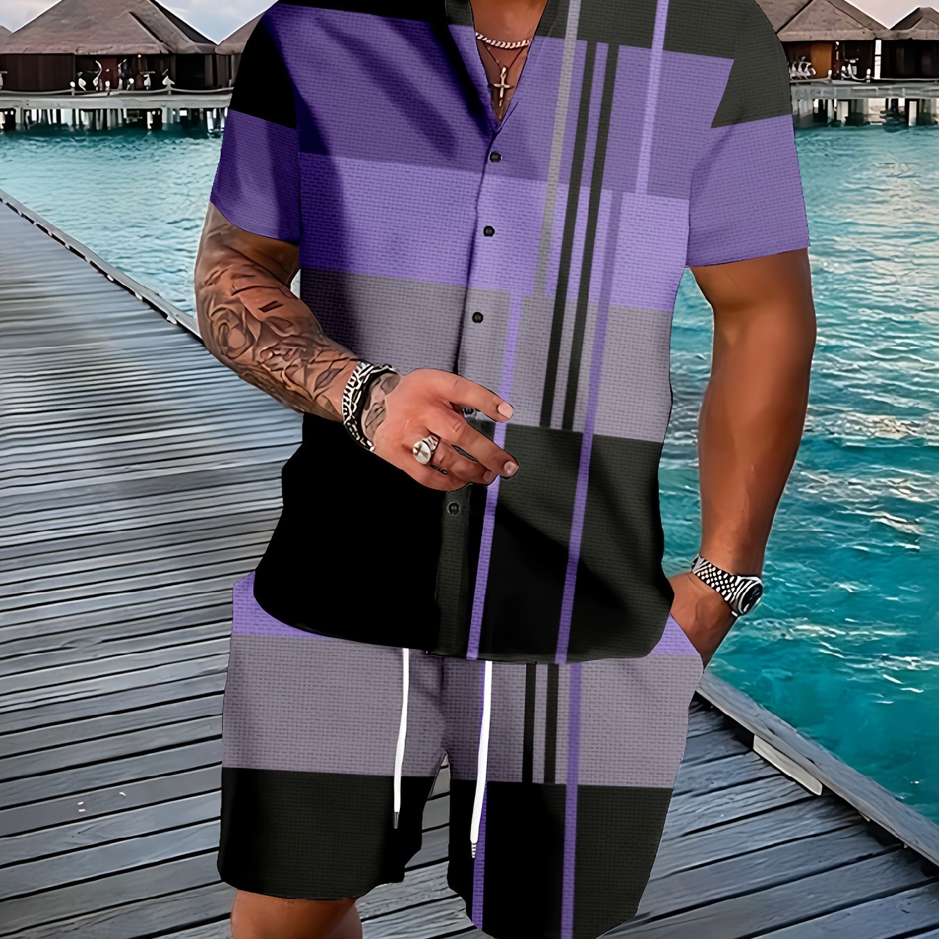 Men's Graphic Plaid Shirt Set for Casual Outdoor Style