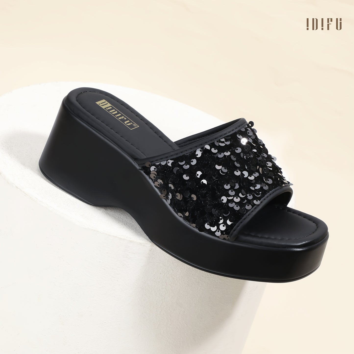 IN3 Platform Wedge Sandals for Women Sparkly Low Chunky Slides Summer Beach Cute Comfortable Slip On Wedges Square Open Toe Trendy Small Dressy Womens Sandals