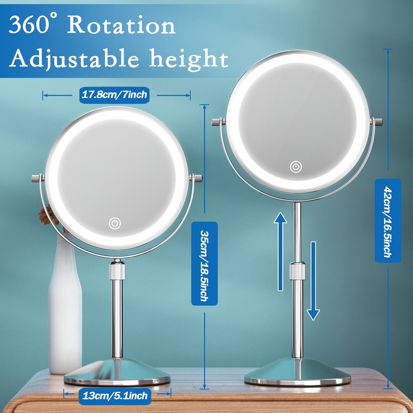 Lighted Rechargeable Vanity Mirror with Adjustable Height and Double Sided