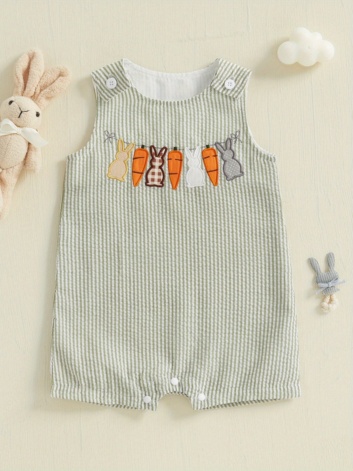 Toddler Girls Boys Overall Rompers Easter Clothes Rabbit Carrot Embroidered Sleeveless Baby Bodysuits Jumpsuits for Outdoor Fun