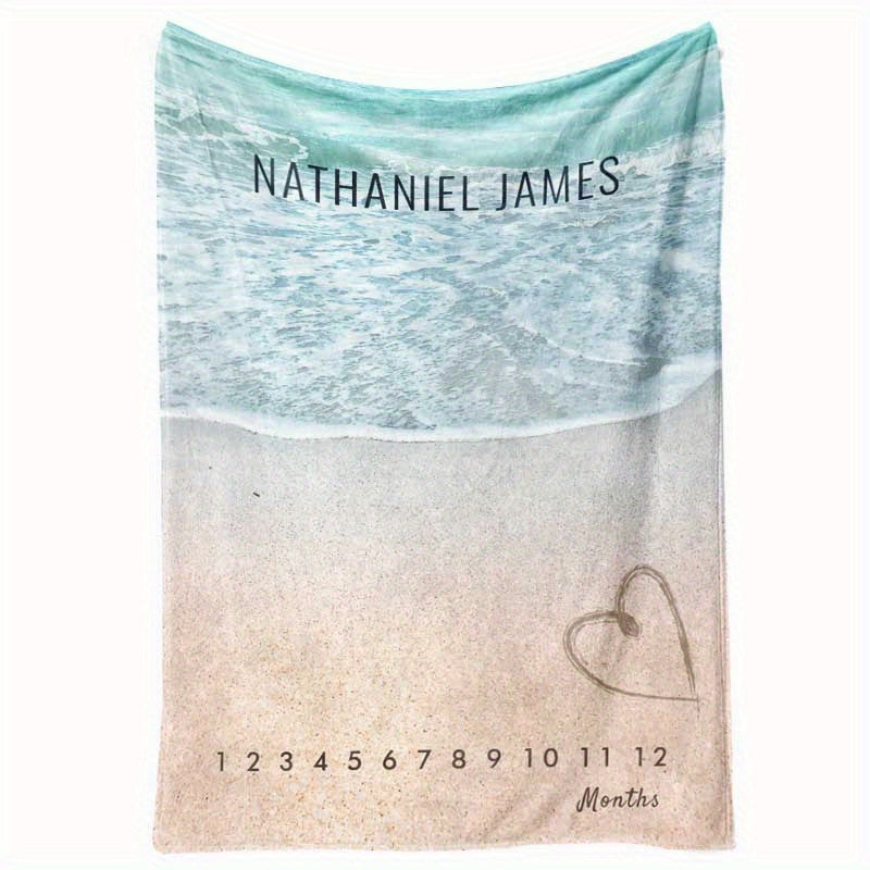 Custom Personalized Tropical Sandy Beach Heart Monthly Milestone Baby Blanket 258