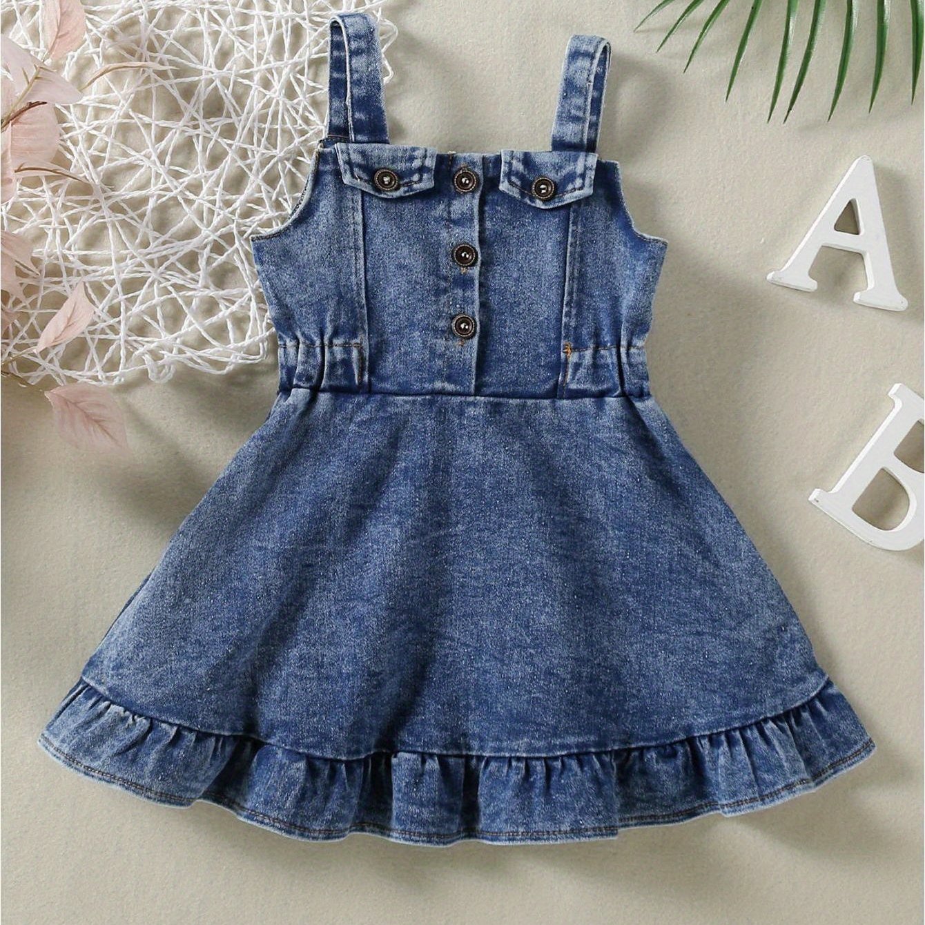 Toddler Girls Summer Denim Dress Fashion Sleeveless Button Ruffle Tank Dress