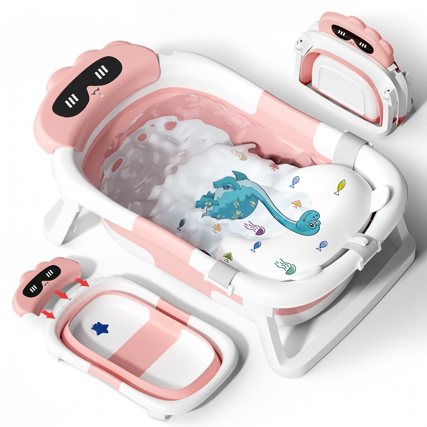 Collapsible Baby Bath Tub with Soft Cushion and Heat Sensitive Drain