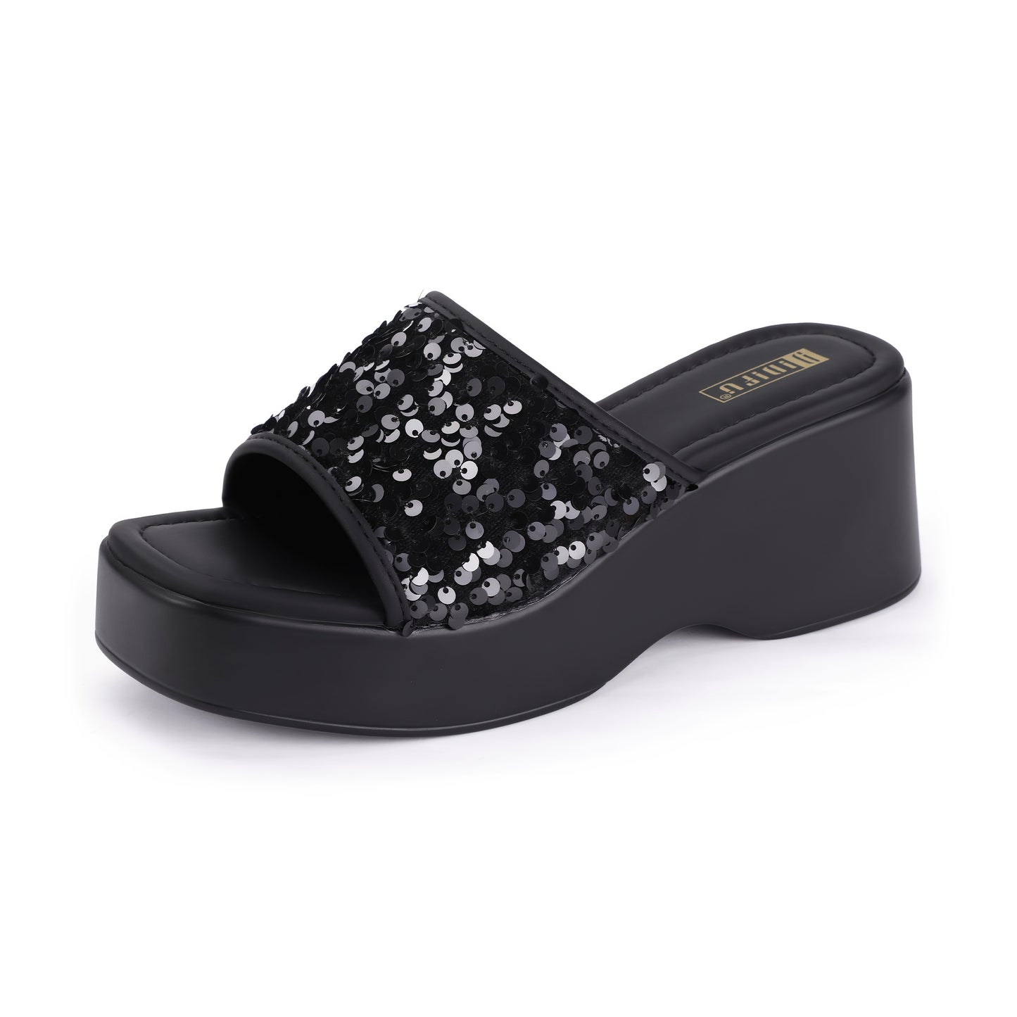 IN3 Platform Wedge Sandals for Women Sparkly Low Chunky Slides Summer Beach Cute Comfortable Slip On Wedges Square Open Toe Trendy Small Dressy Womens Sandals