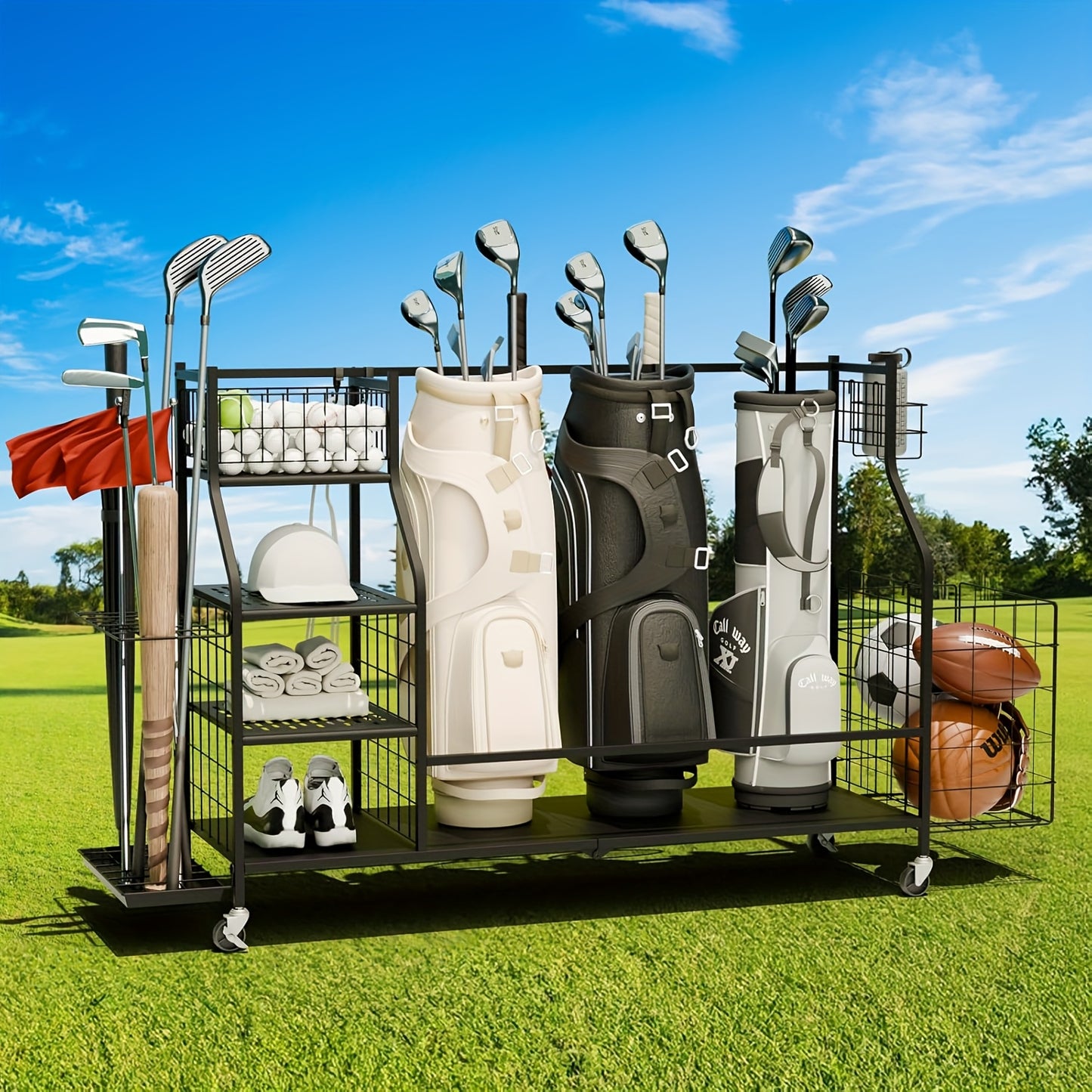 Golf Equipment Organizer With Wheels For Home And Garage
