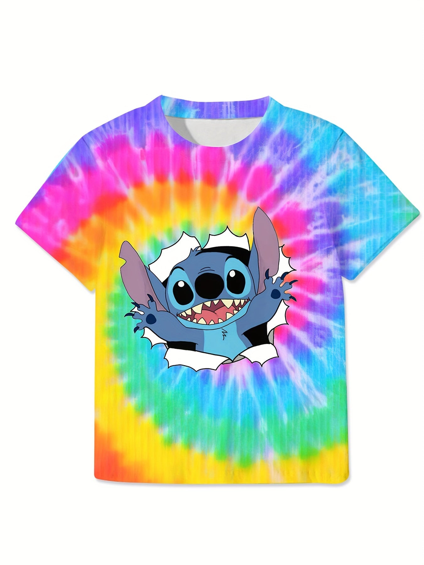 Lilo And Stitch Boys Smiling Character Tie Dye T Shirt Vibrant Blue And Yellow Cartoon Graphic 100 Percent Polyester Regular Fit Short Sleeve Machine Washable For Spring Summer Fall Casual Wear Shirts