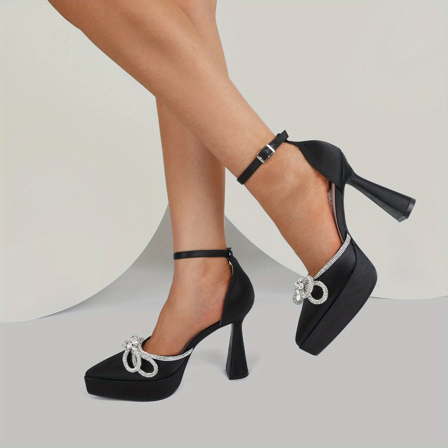 Jenn Ardor Platform Heels for Women Rhinestone Sparkly Bow High Heels Closed Pointed Toe Stilettos Ankle Strap Pumps for Wedding Party and Prom