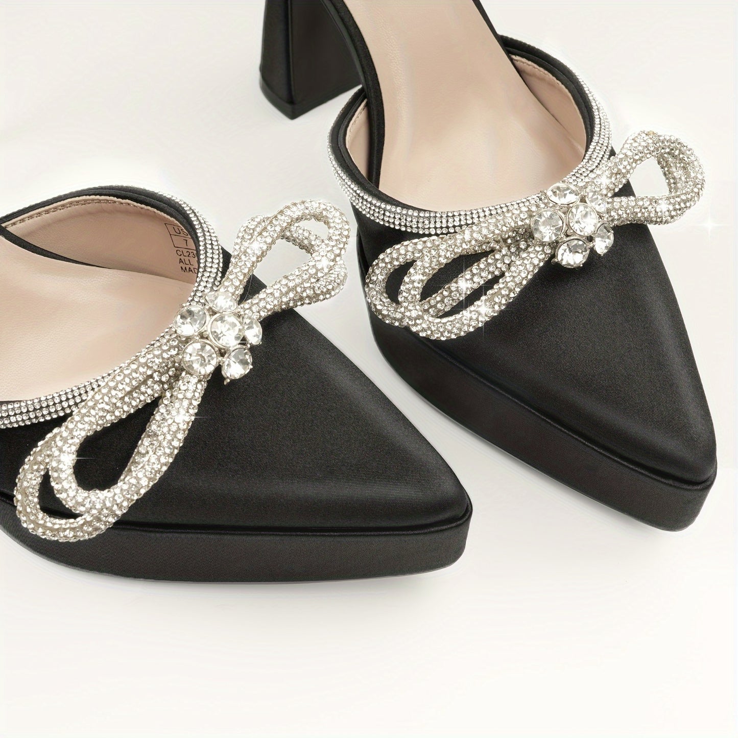 Black Rhinestone Stiletto Sandals for Women 5 Inch High Heel Pointed Toe Platform Shoes with Bow Non Slip Rubber Sole Elegant for Party Prom and Valentine's Day Gifts
