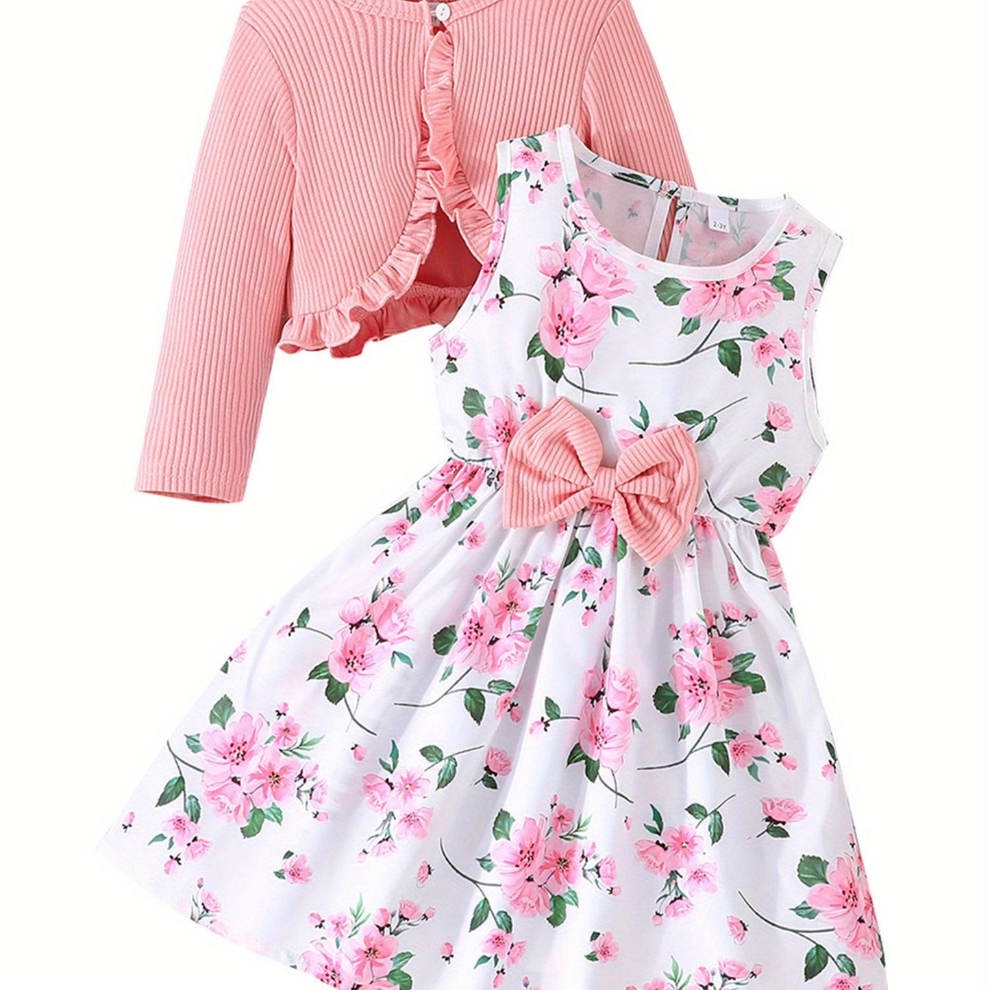 Girl Dress Set Floral Print Round Neck Bow A Line Tank Dress With Ruffled Ribbed Cardigan
