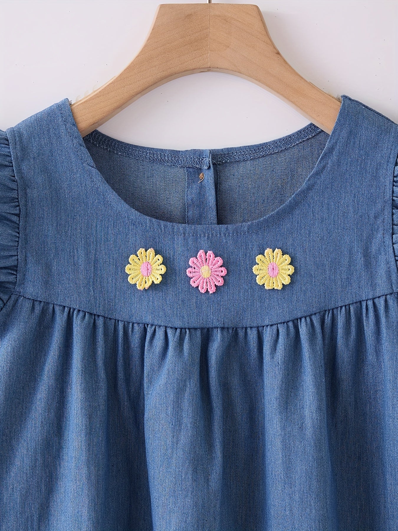 Girls Cotton Embroidered Denim Dress Frill Sleeve Loose Casual Fashion Dress