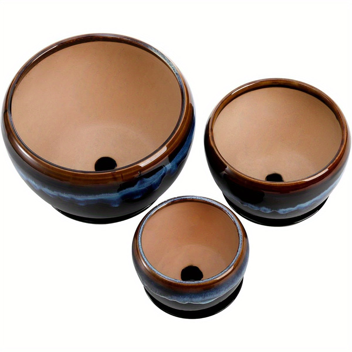 3 Pack Rustic Ceramic Flower Pots with Drip Glaze Finish Round Irregular Planters with Drainage Holes and Saucers Rust Resistant Indoor Outdoor Pots for Succulents Herbs Cactus Orchids Home and Office Decor Extra Large