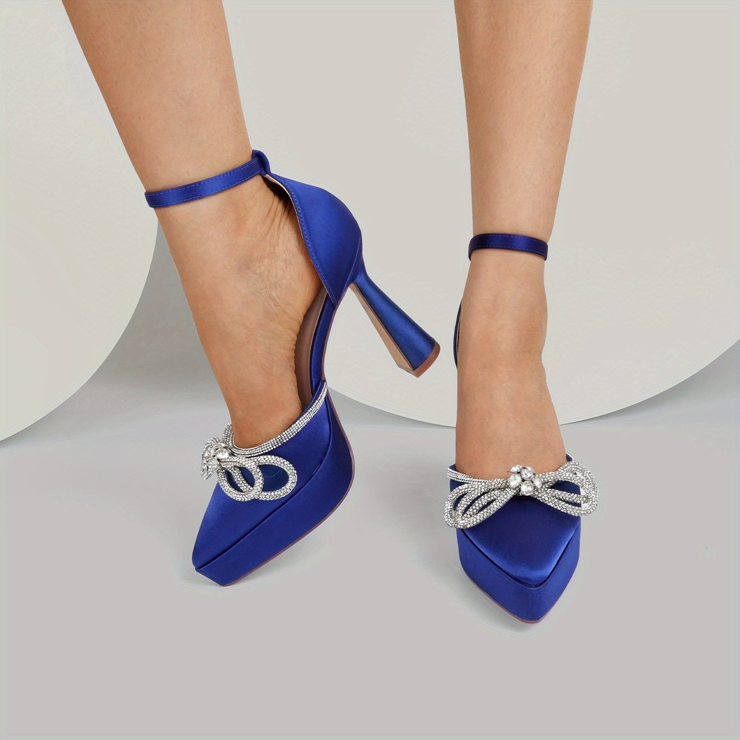 Jenn Ardor Platform Heels for Women Rhinestone Sparkly Bow High Heels Closed Pointed Toe Stilettos Ankle Strap Pumps for Wedding Party and Prom