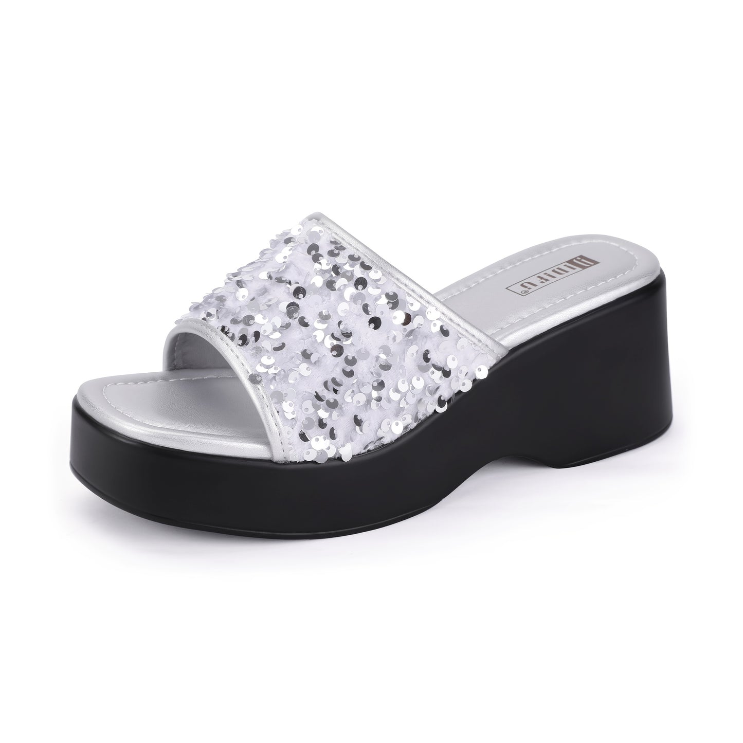 IN3 Platform Wedge Sandals for Women Sparkly Low Chunky Slides Summer Beach Cute Comfortable Slip On Wedges Square Open Toe Trendy Small Dressy Womens Sandals